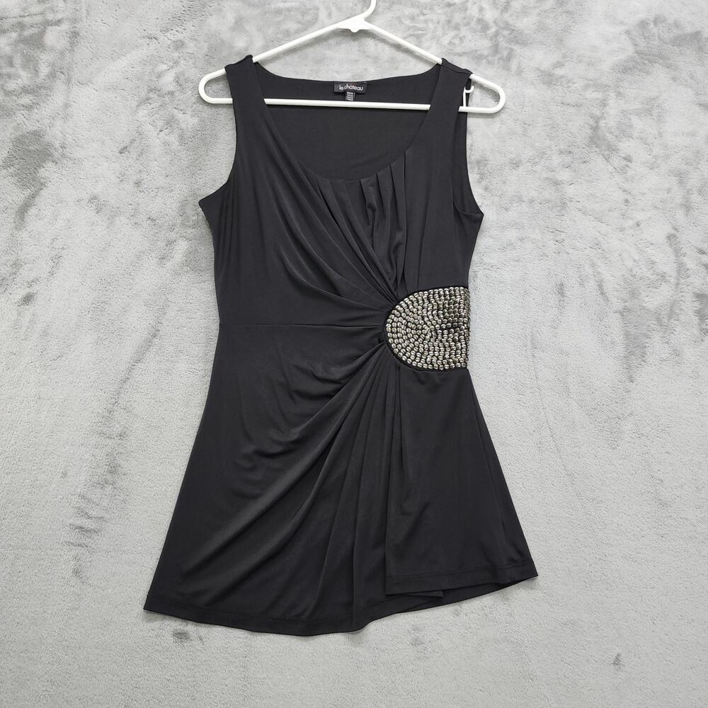 Vintage Y2K Le Chateau Top Womens XS Black Sleeveless Tank Sequins Draped Silky